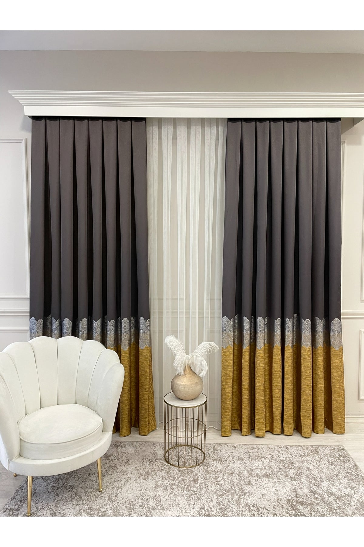 Brown Gold - Damask Patterned 1/3 Dense Pleated Blackout Curtain