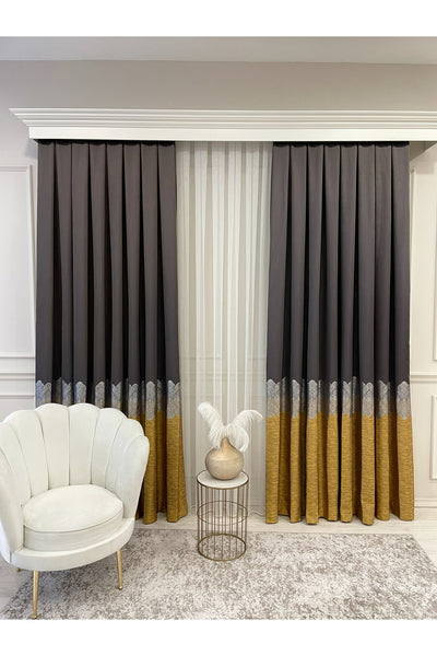 Brown Gold - Damask Patterned 1/3 Dense Pleated Blackout Curtain