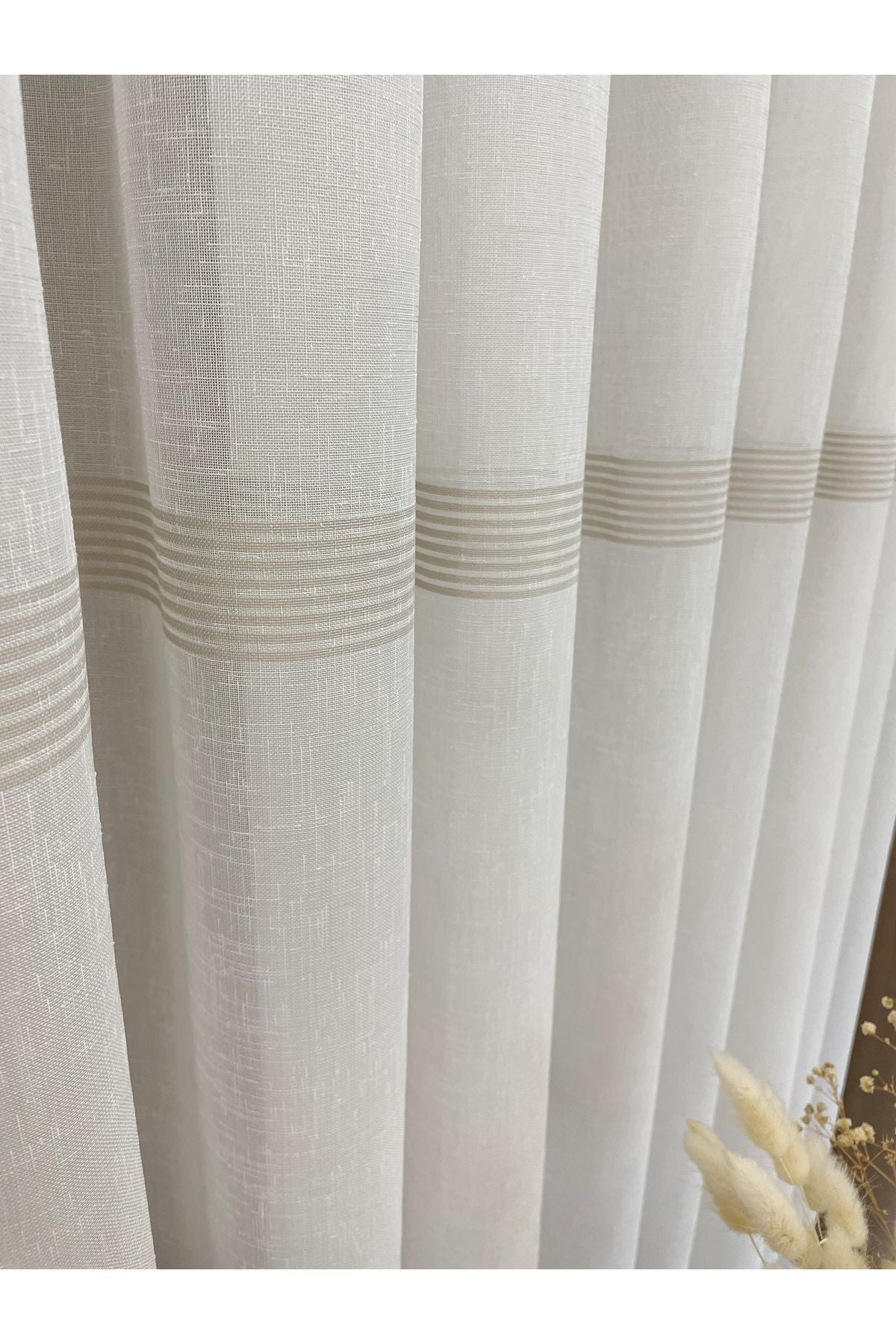 Linen-Look Banded 1/3 Dense Pleated - Ecru/Grey Sheer Curtain