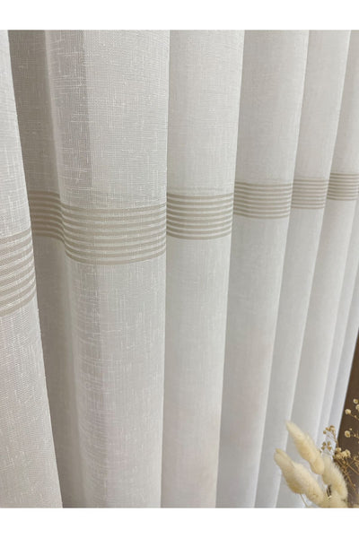 Linen-Look Banded 1/3 Dense Pleated - Ecru/Grey Sheer Curtain