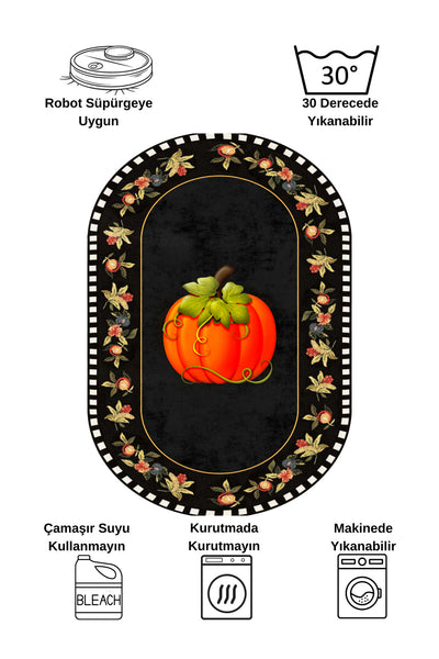 Pumpkin Pattern Bordered Oval Kitchen Rug