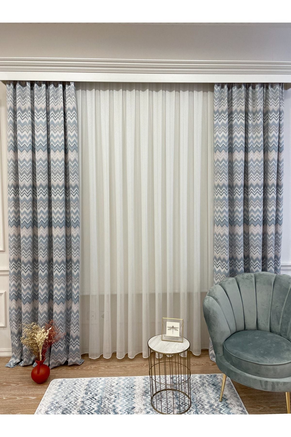 Zigzag Patterned No-Pleat Flat Stitch Extra-Tape Blackout Curtain