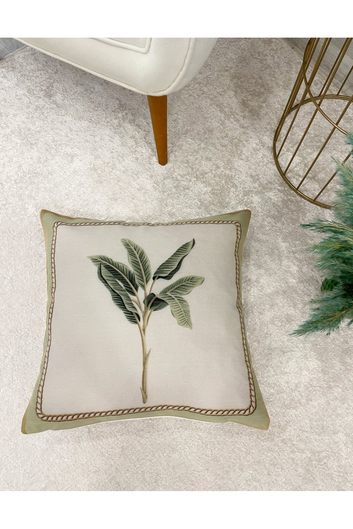 Beige Green Leaf Pattern Woven Fabric Throw Pillow Cover 45x45