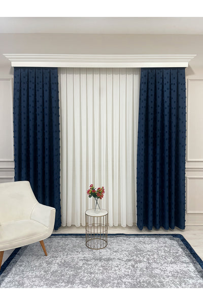 Blue Children's Room Pompom Puffy Blackout Curtain 1/3 Dense Pleating