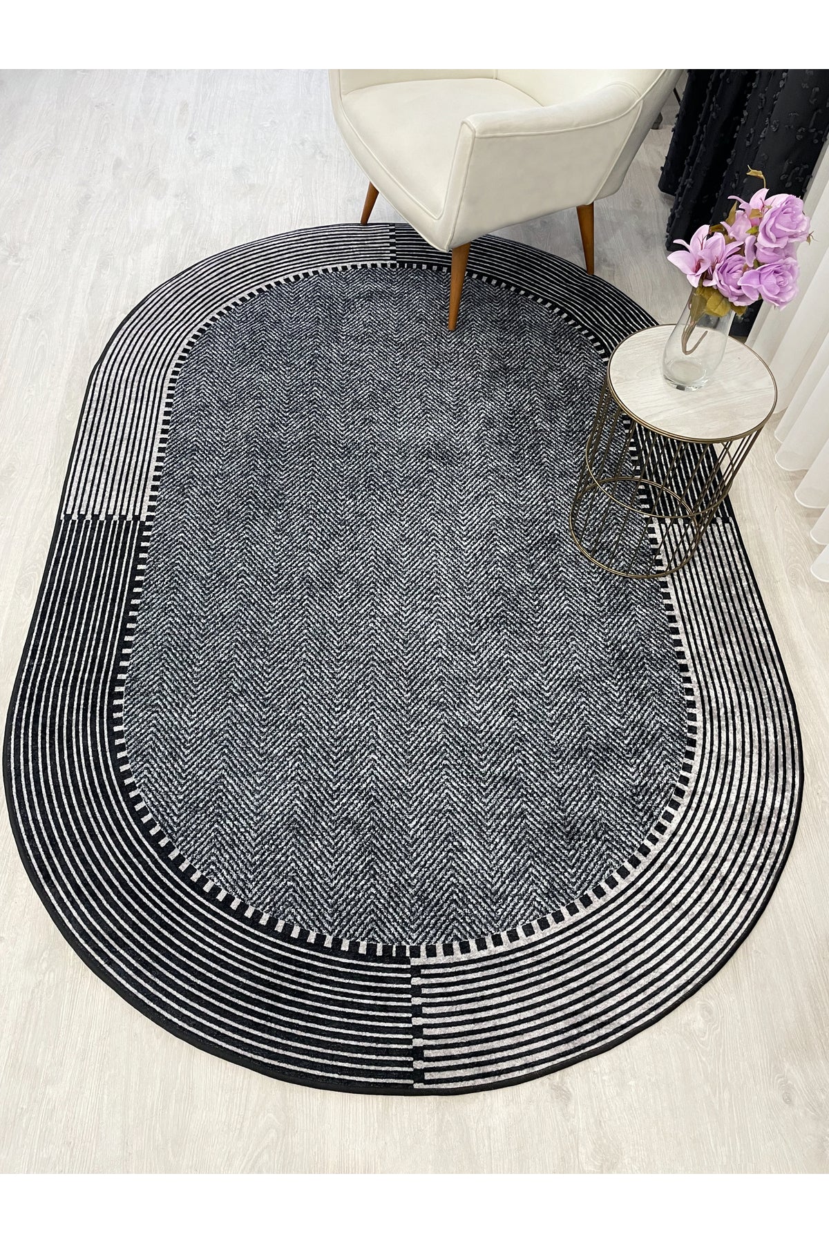 GRAY-NAVY Jute Sisal Look Non-Slip Base Rug