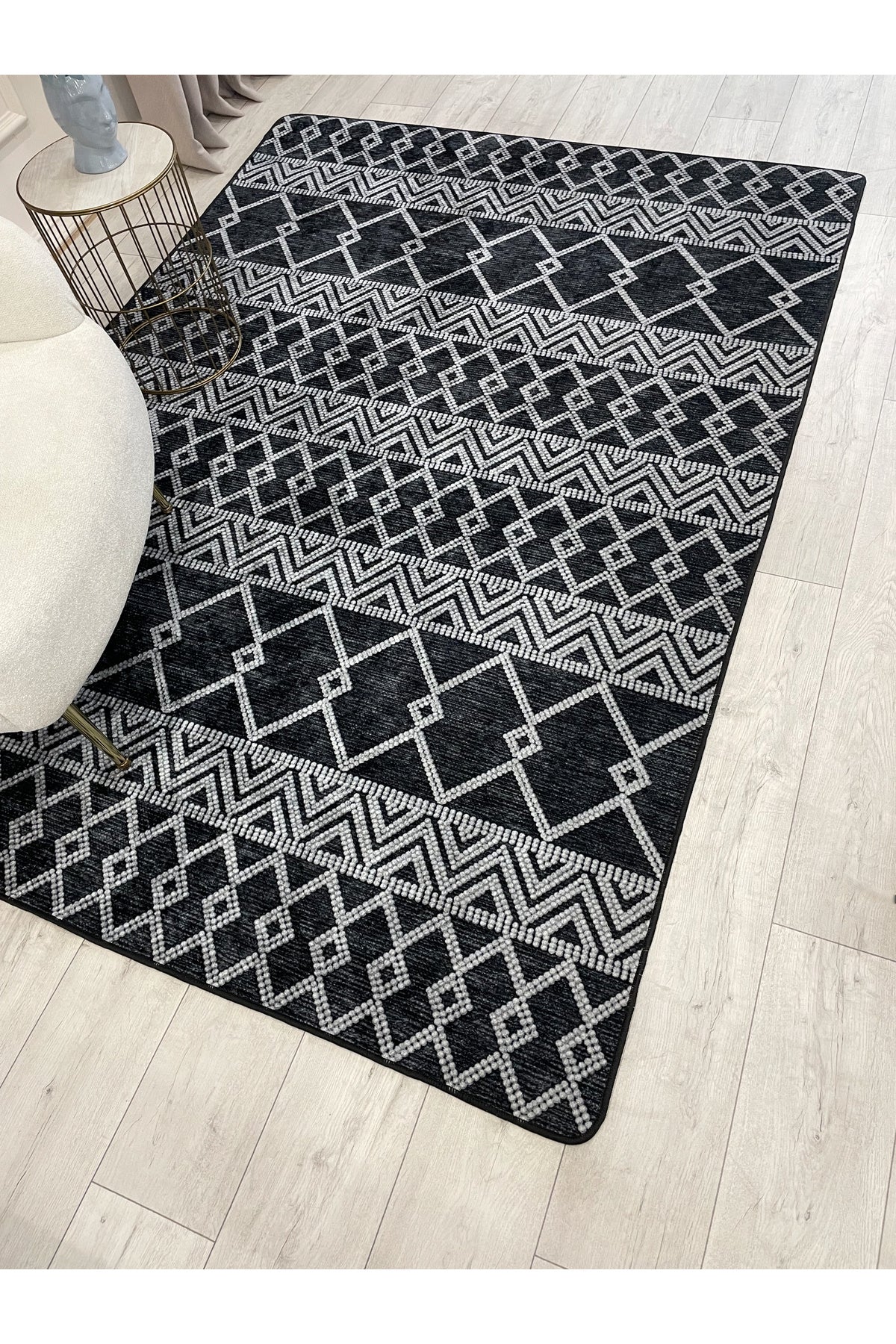 Gray Black Scandinavian Style Kilim Pattern Runner Latex Rug