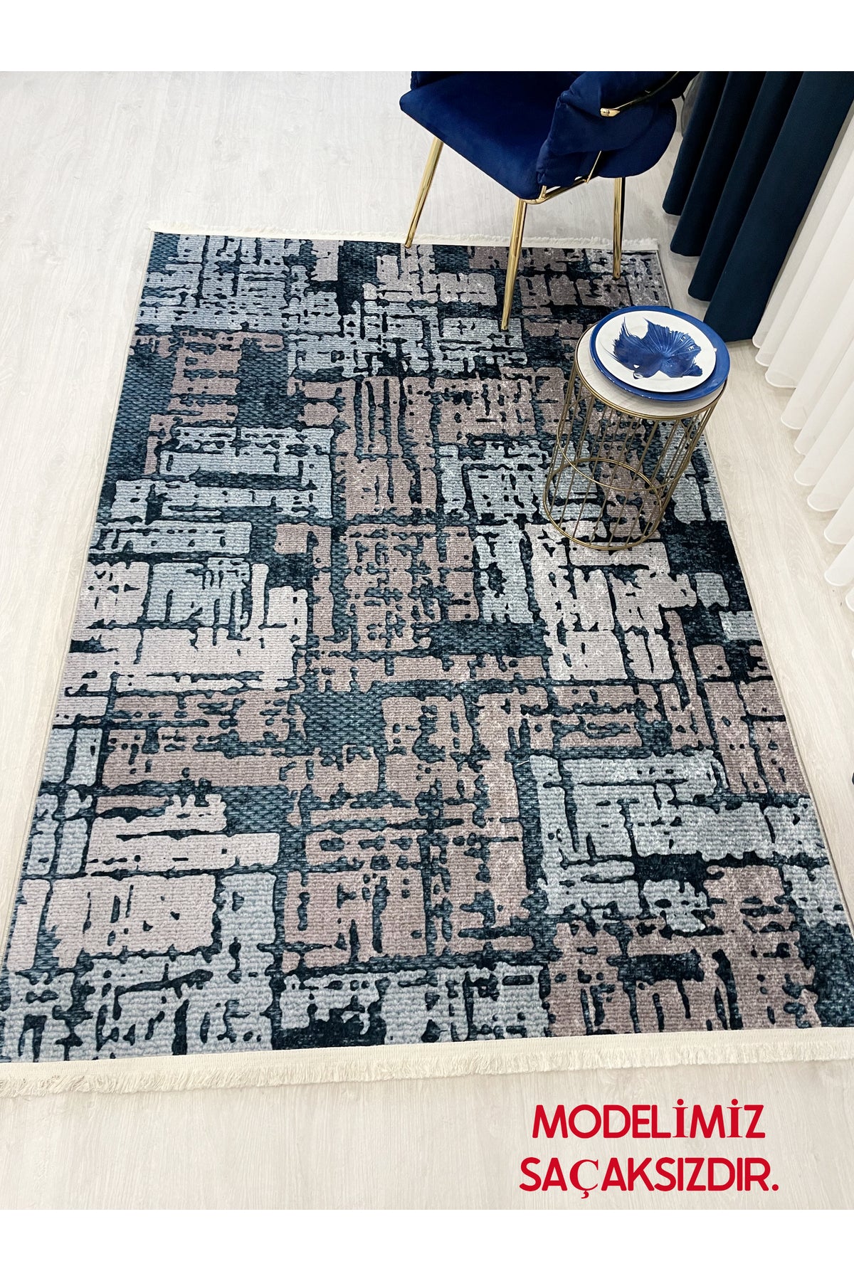 Beige-Blue Abstract Textured Look Latex Leather Base Rug