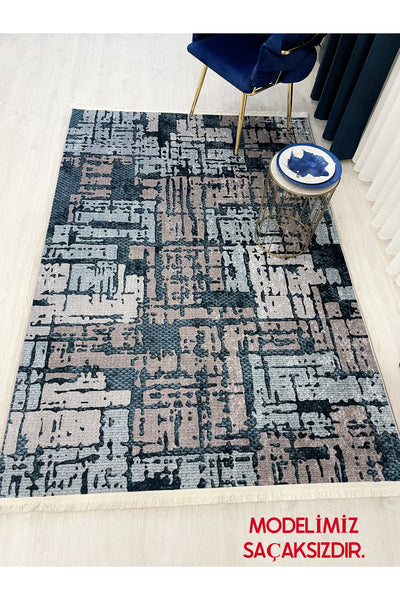 Beige-Blue Abstract Textured Look Latex Leather Base Rug