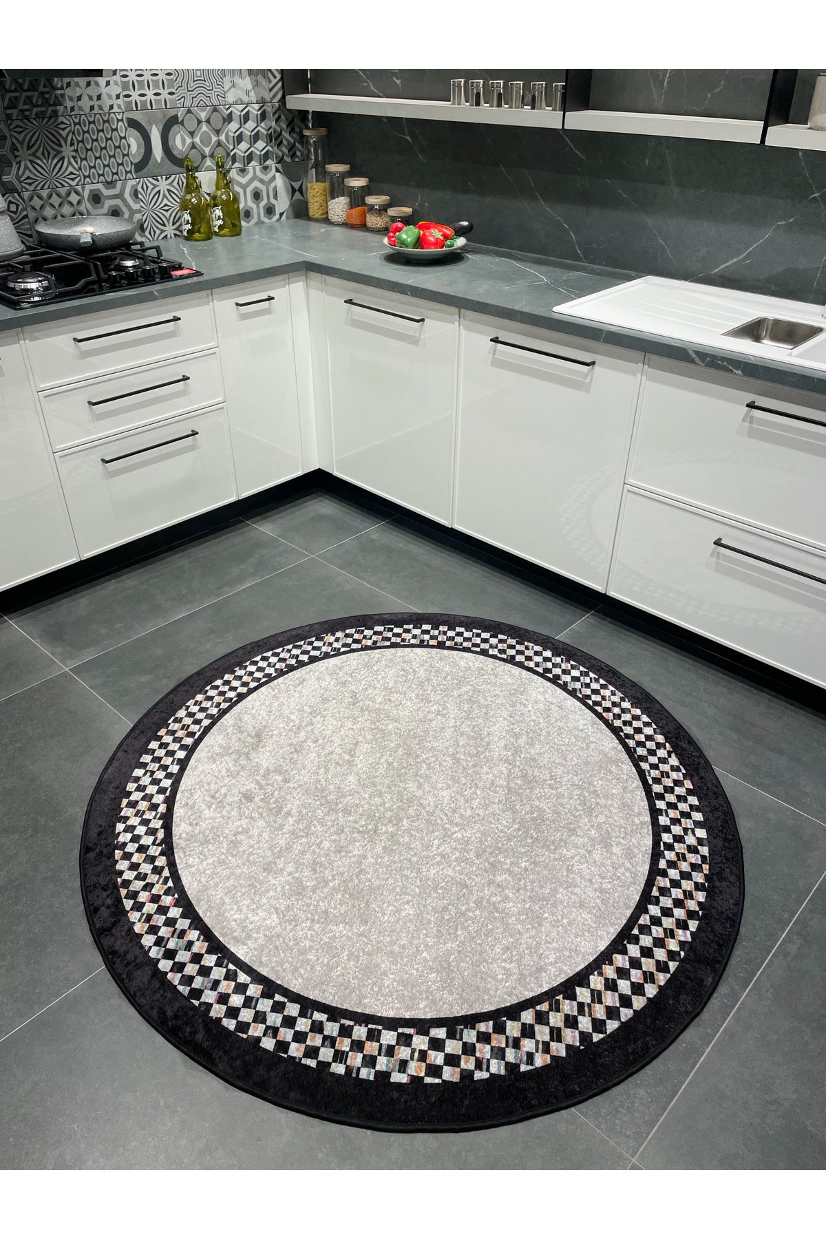 Checkered Round Latex Non-Slip Base Fringe-Free Kitchen Terrace Balcony Rug