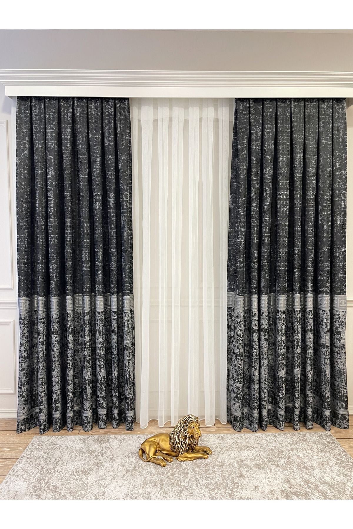 Gray Anthracite Bordered Pattern 1/3 Tight Pleat Jacquard Woven Blackout Curtain