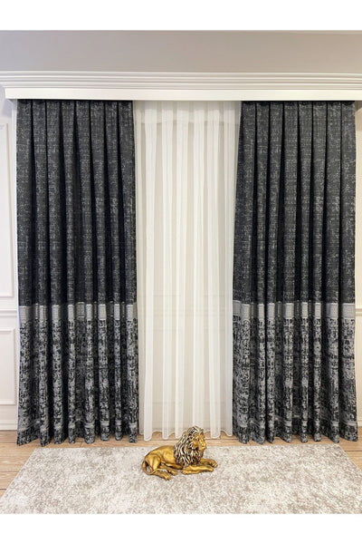 Gray Anthracite Bordered Pattern 1/3 Tight Pleat Jacquard Woven Blackout Curtain
