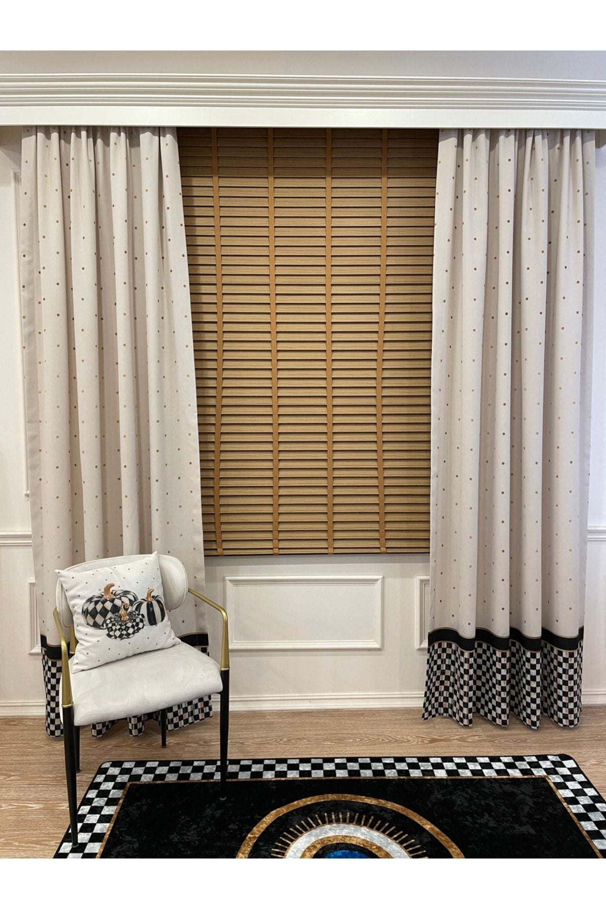 No-Pleat Extra-Reinforced Checkered Blackout Curtain - Beige-Black