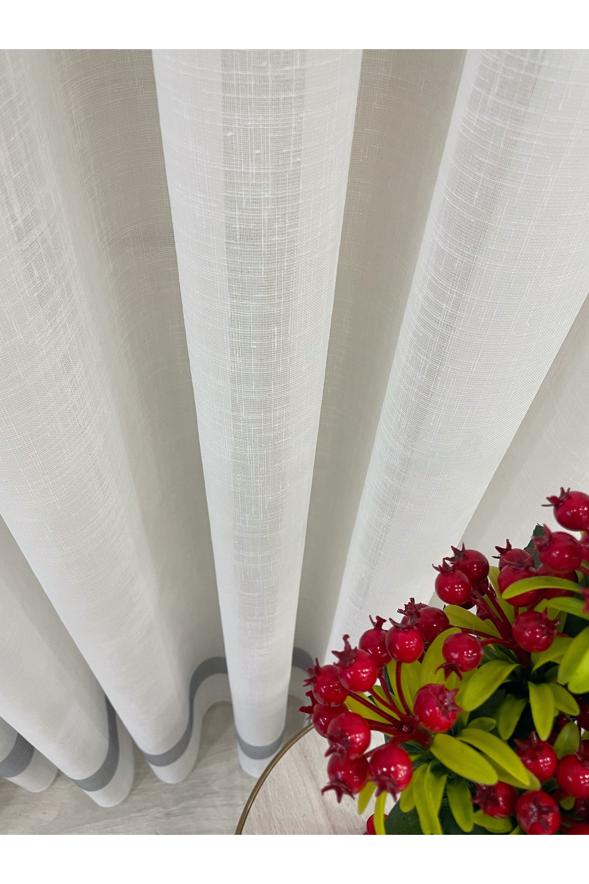 Linen-Look Banded 1/3 Dense Pleated - Ecru/Grey Sheer Curtain