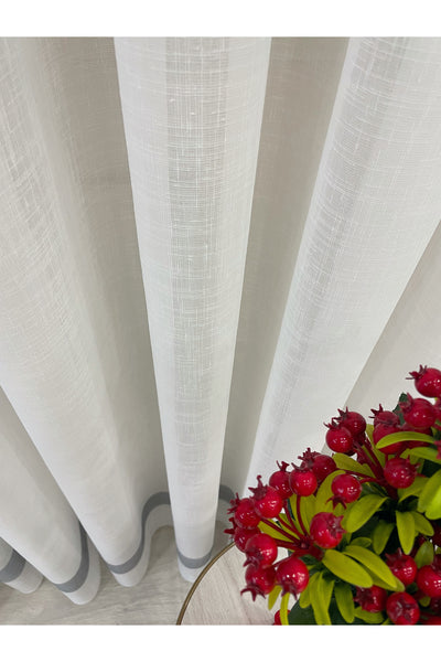 Linen-Look Banded 1/3 Dense Pleated - Ecru/Grey Sheer Curtain