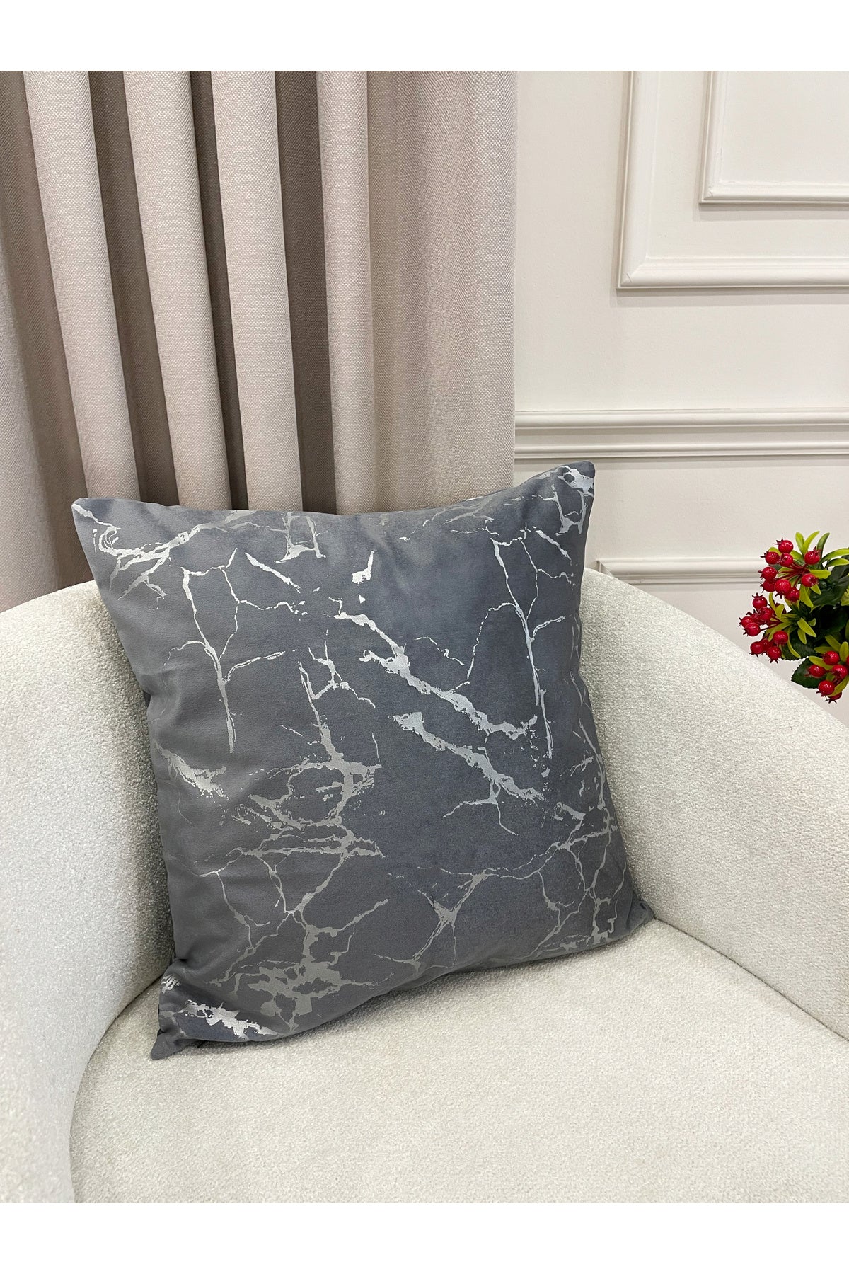 Set of 2 Velvet Throw Pillow Covers Ecru-Silver Foil (45X45)