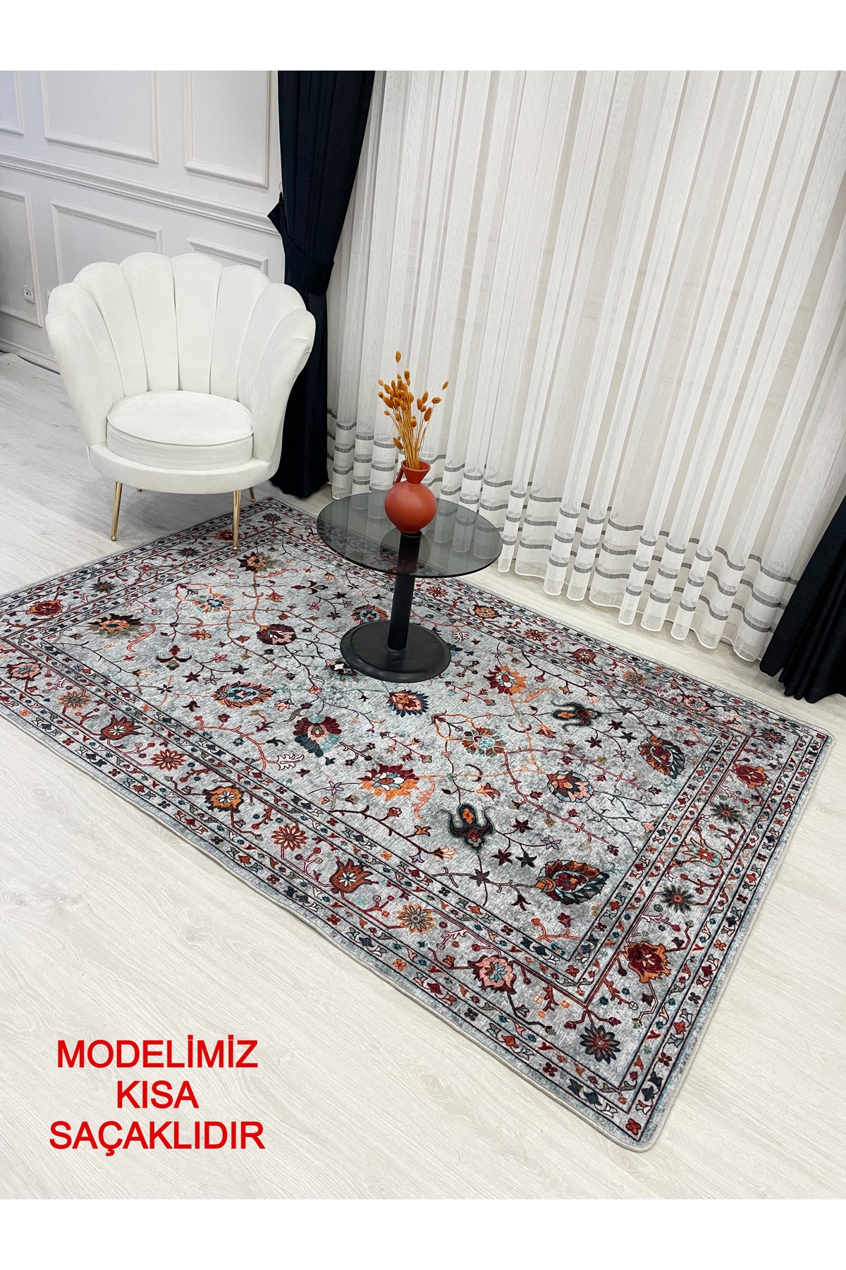 Gray Vintage Floral Latex Non-Slip Base Rug