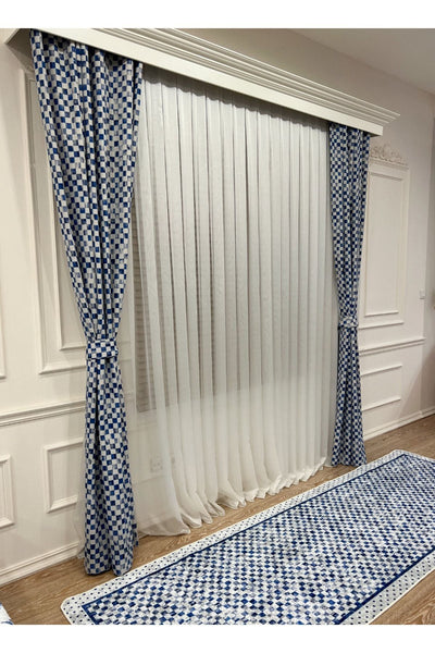 No-Pleat Extra-Reinforced Checkered Blackout Curtain - Blue