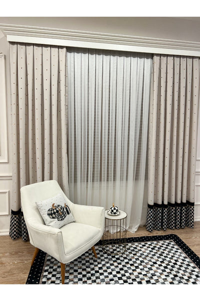 1/3 Dense Pleated Checkered Curtain Panel - Beige-Black