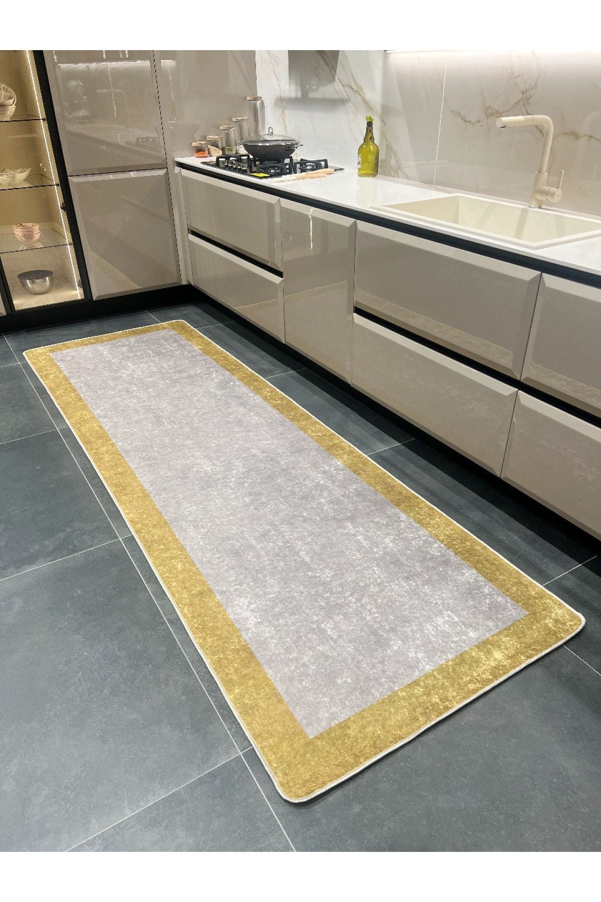 Geometric Striped Latex Leather Backing Fringeless Kitchen Rug - Gray-Black