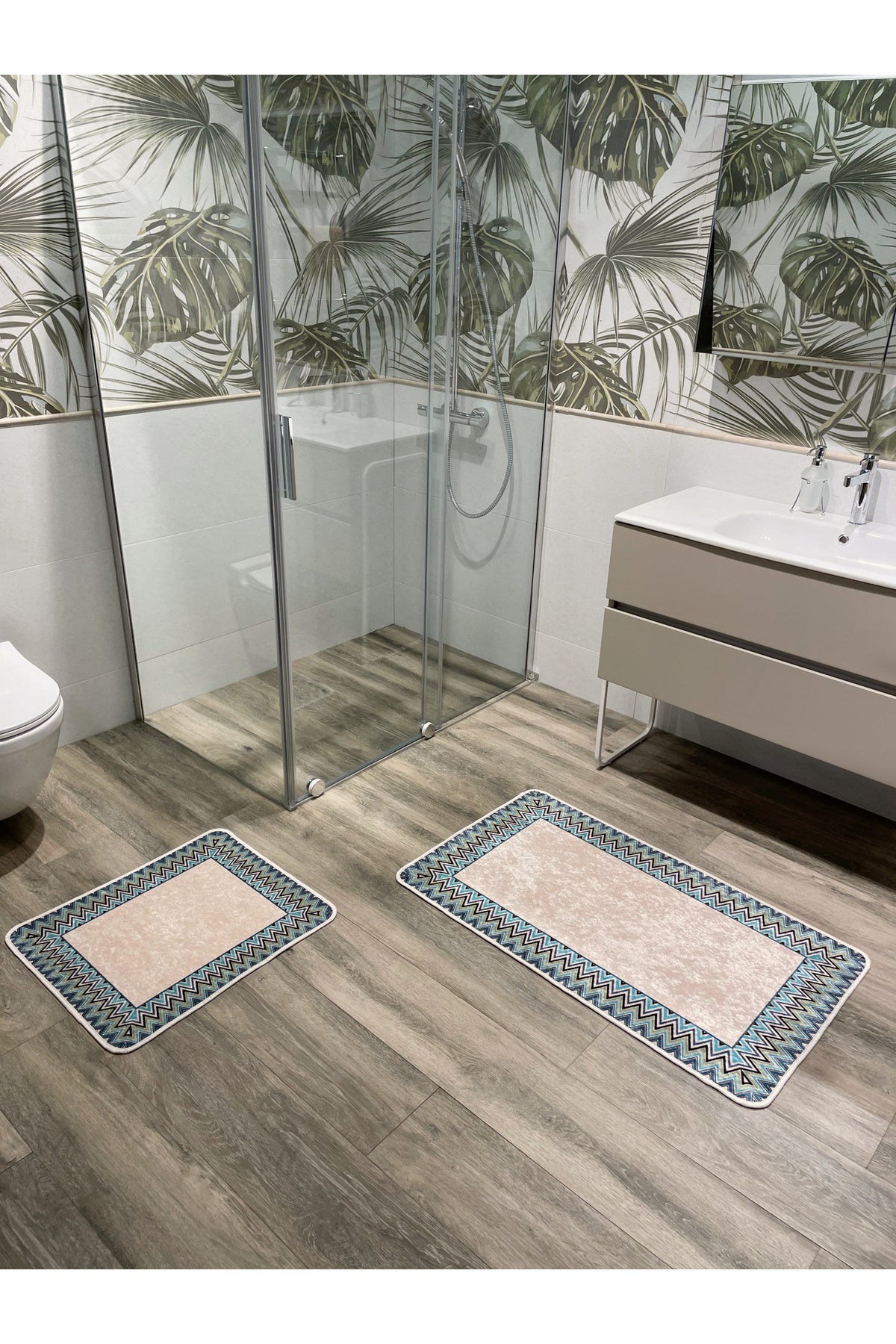 Mint Green - Zigzag Patterned Leather Base 2-Piece Bath Mat Set (60x100 - 60x50)