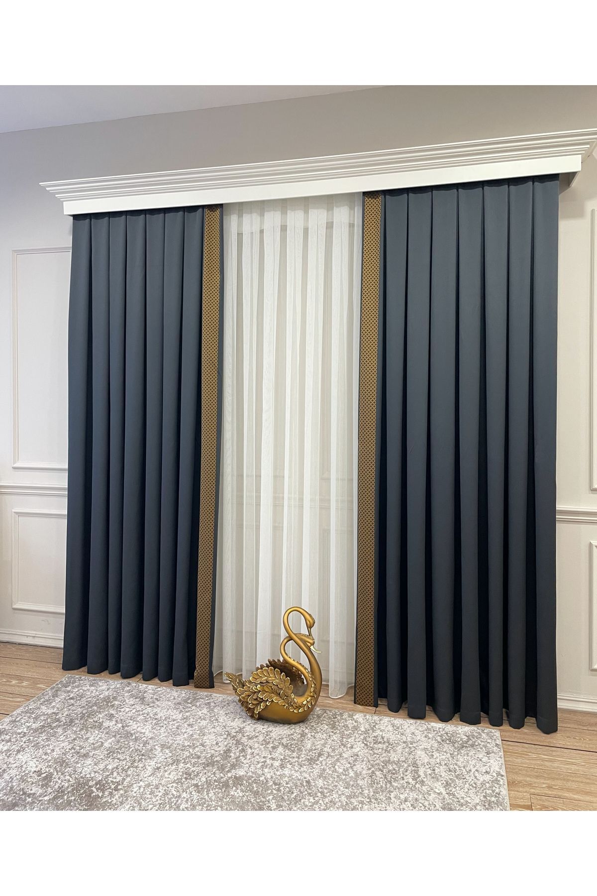 Panel Pattern Jacquard 1/3 Dense Pleat Blackout Curtain - Anthracite Gray - Gold Border