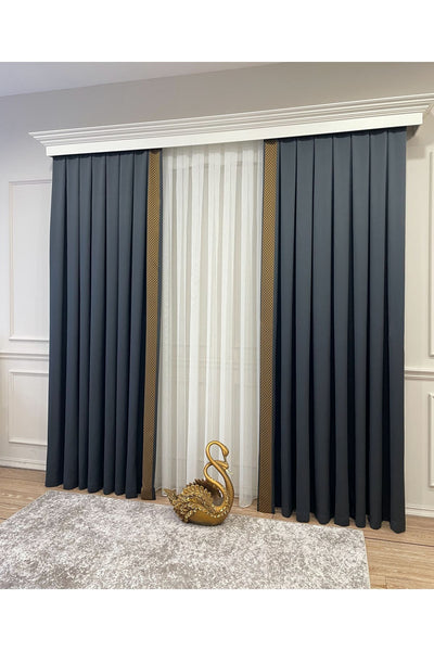 Panel Pattern Jacquard 1/3 Dense Pleat Blackout Curtain - Anthracite Gray - Gold Border