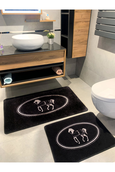 Black Horse Pattern 2-Piece Leather Base Bathroom Mat Set (60x100 - 60x50)