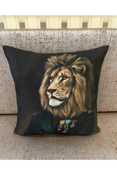 Aslan Desenli Keten Görünümlü Kırlent Yastık Kılıfı (SİYAH) 45x45