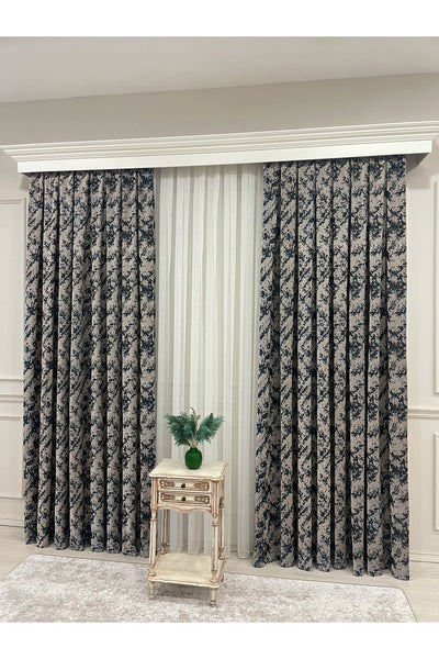 Brown-Navy Blue Chenille Pattern Jacquard 1/3 Dense Pleated Jacquard Blackout Curtain
