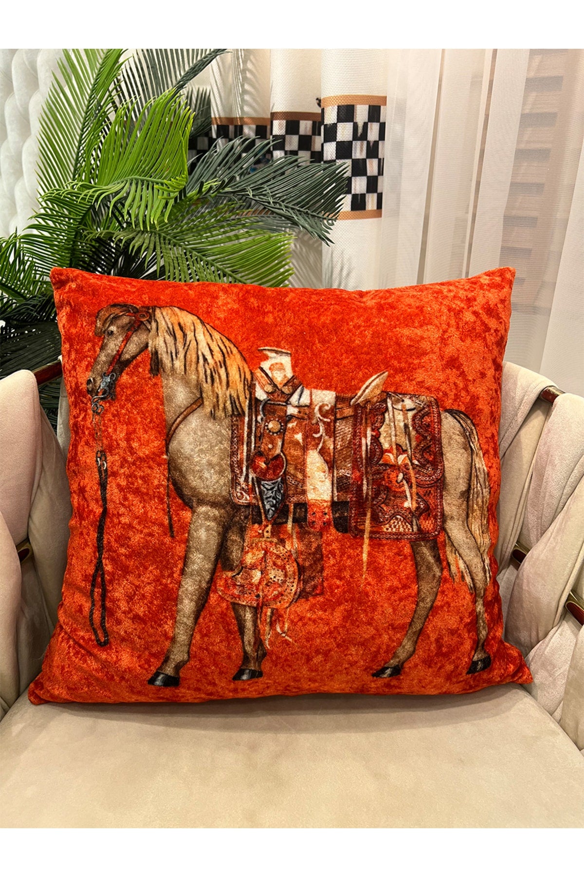 %100 Velvet Horse Print Cushion Cover (Orange) 45x45