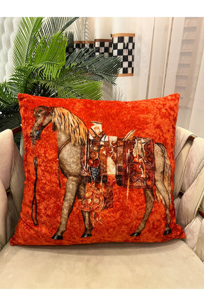 %100 Velvet Horse Print Cushion Cover (Orange) 45x45