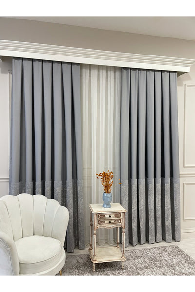 Gray Shawl Pattern 1/3 TIGHT PLEAT Jacquard Woven Blackout Curtain
