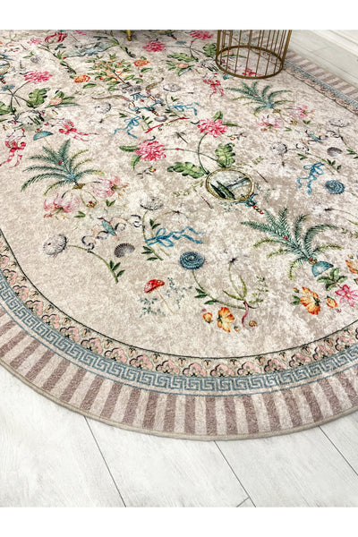 Beige Floral Bird Patterned Latex Leather Base Rug