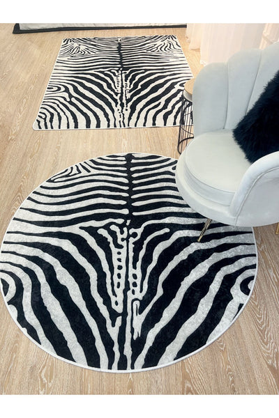 Zebra Print Round Black - Gray Decorative Rug