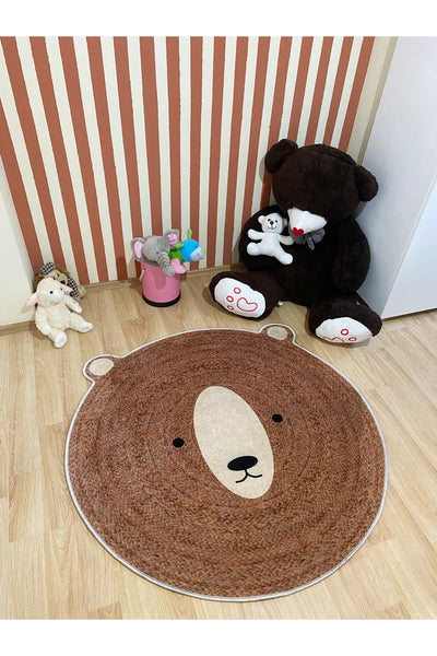 Cute Bear Themed Jute-Look Children's Rug - Brown