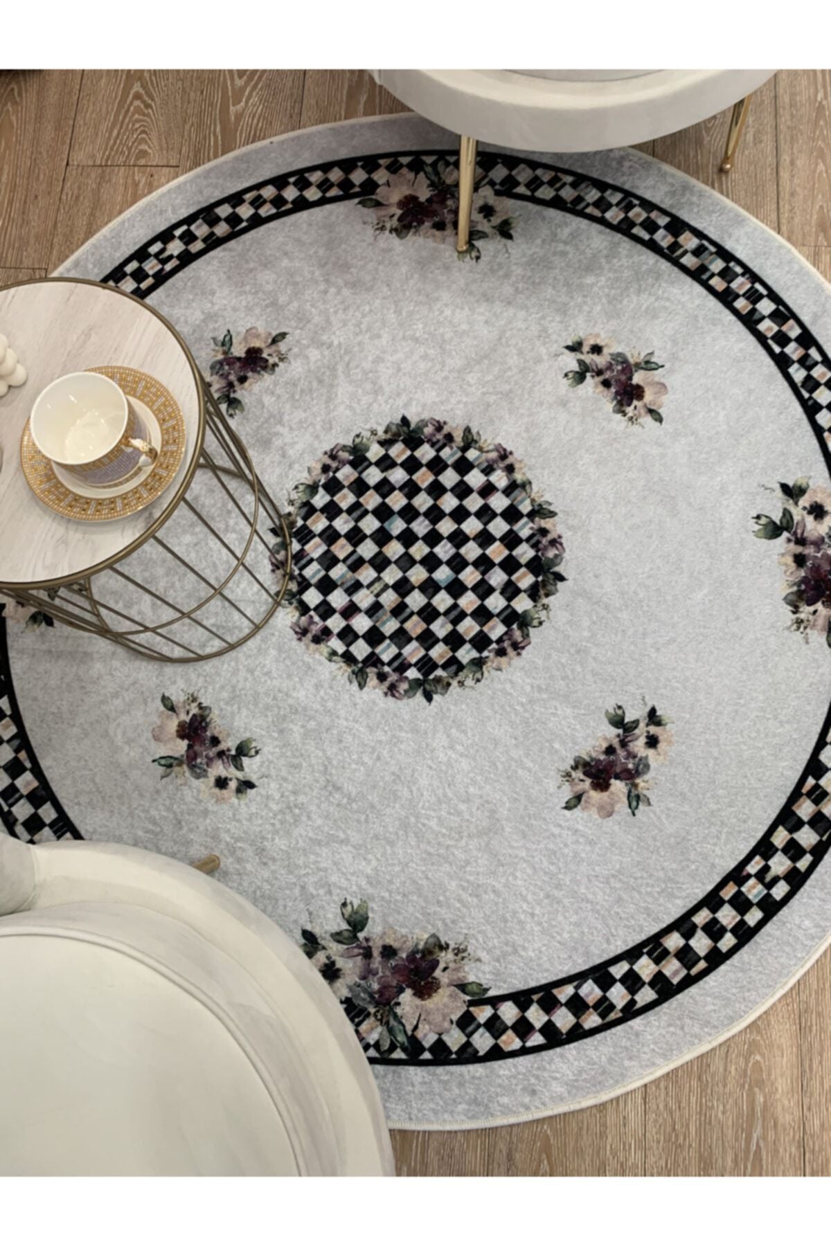 Gray Black Checkered Fringeless Round Latex Rug 150x150