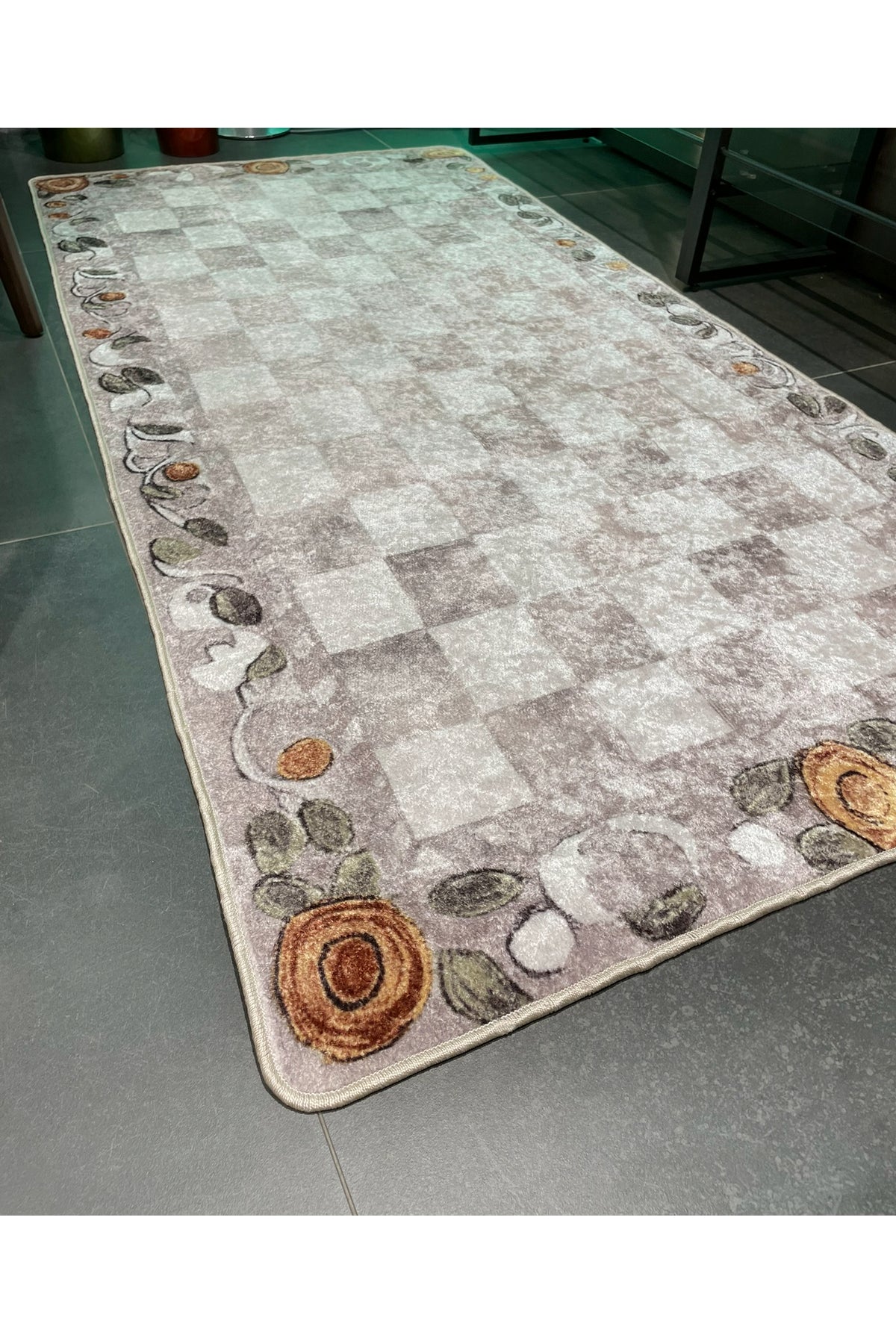 Beige Orange Checkered Pattern Non-Slip Base Kitchen Rug