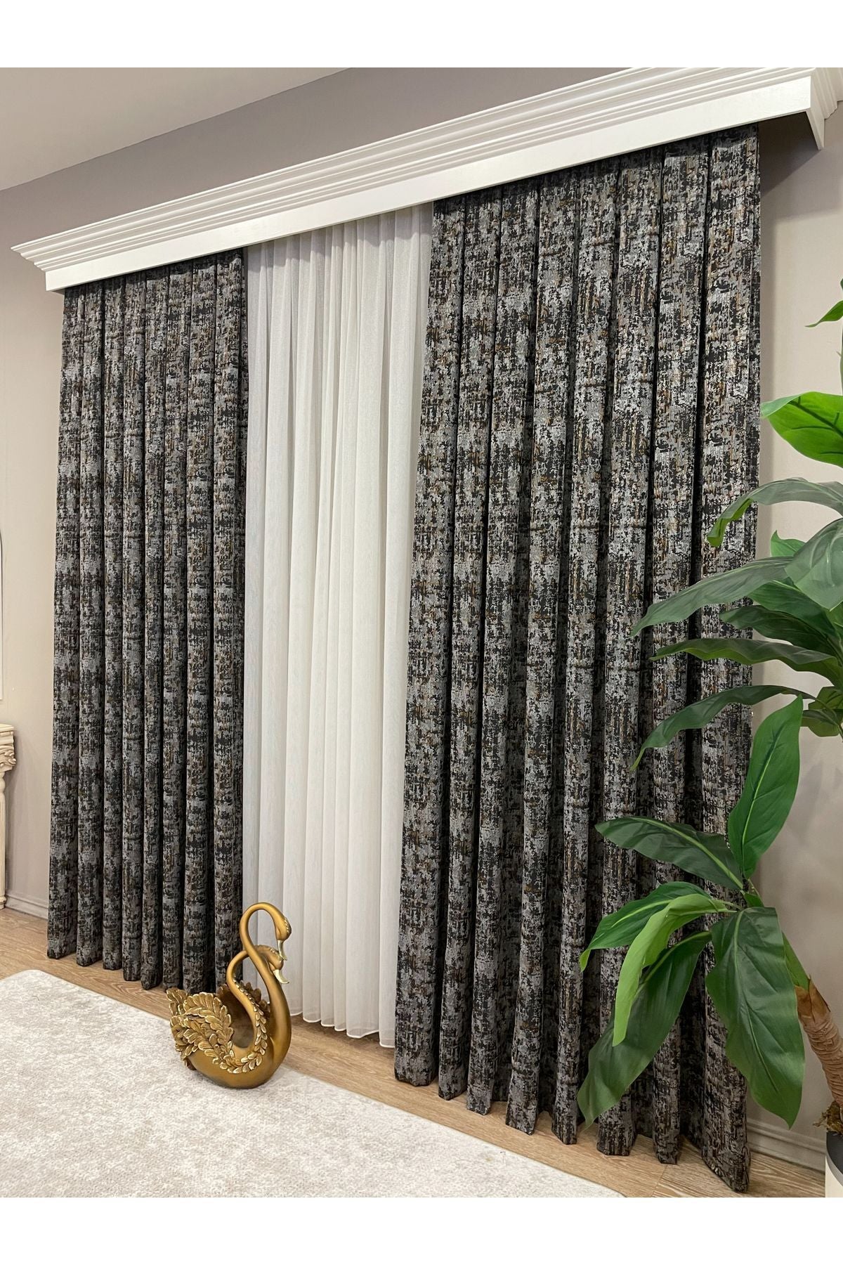 Orange - Brown Abstract Pattern 1/3 Tight Pleat Jacquard Woven Blackout Curtain