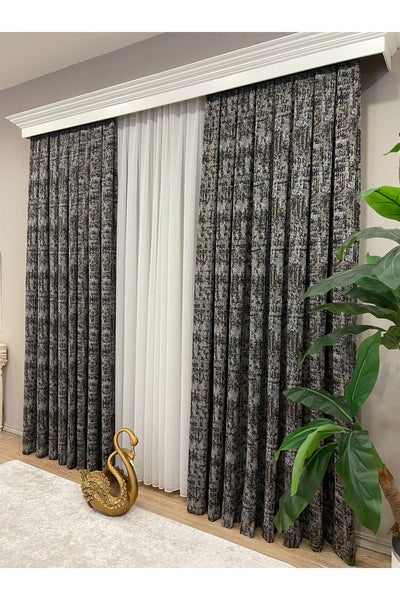 Orange - Brown Abstract Pattern 1/3 Tight Pleat Jacquard Woven Blackout Curtain
