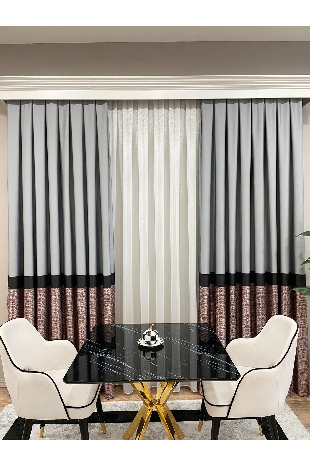 Panel Pattern Jacquard 1/3 Dense Pleat Blackout Curtain - Bottom: Mustard-Navy / Top: Gray