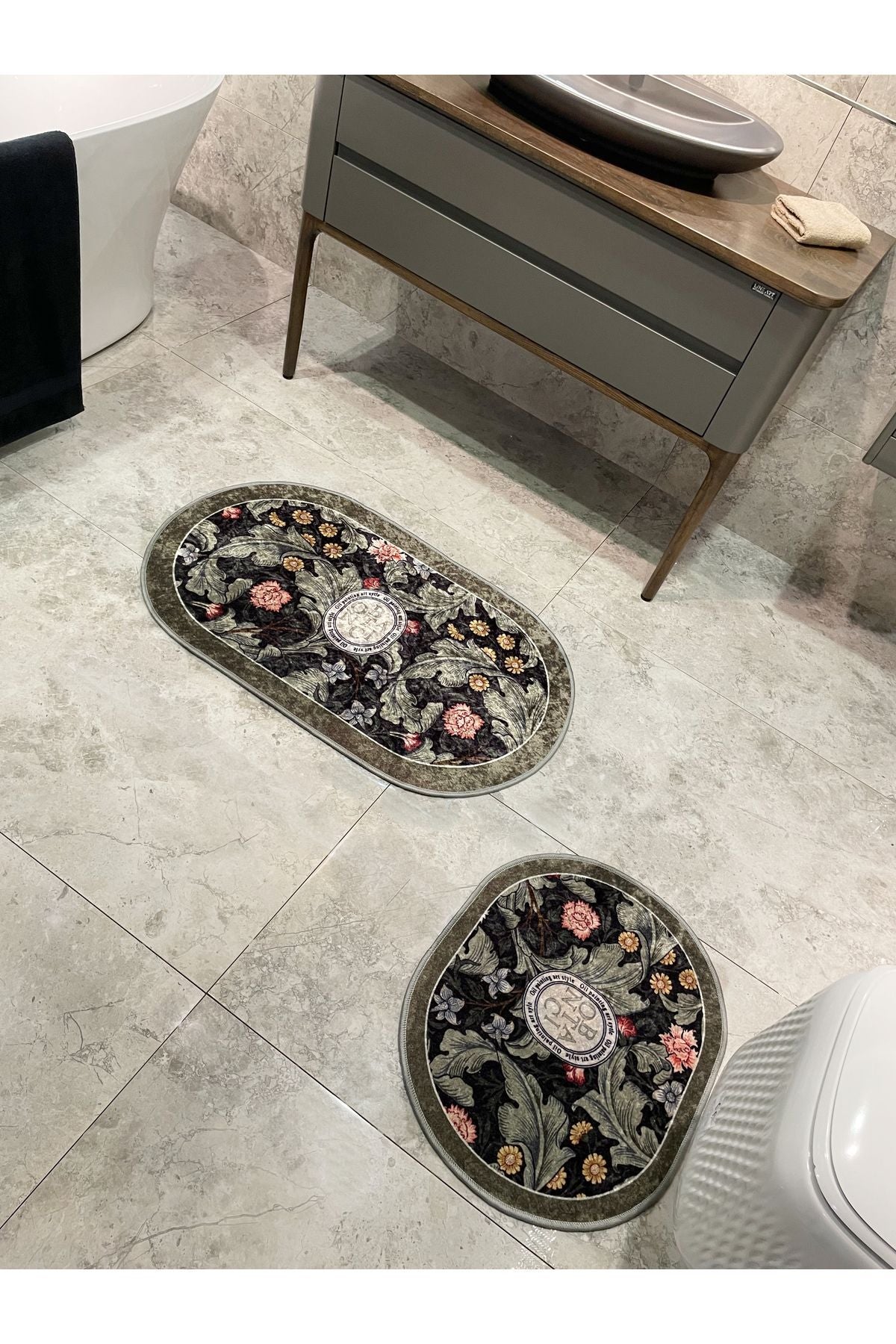 2-Piece Floral Pattern 60x100 - 60x50 Botanic Latex-Backed Bath Mat Set