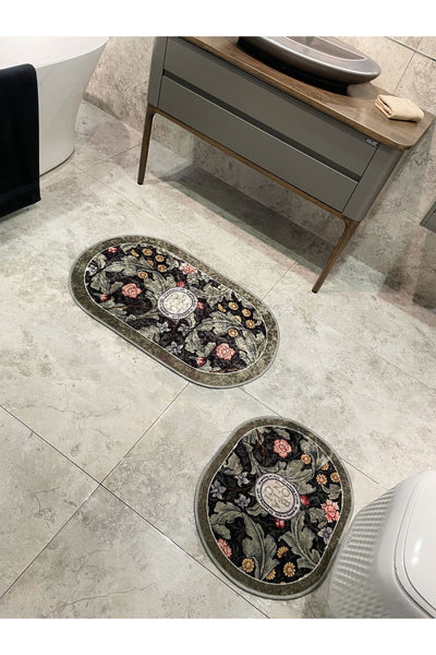 2-Piece Floral Pattern 60x100 - 60x50 Botanic Latex-Backed Bath Mat Set