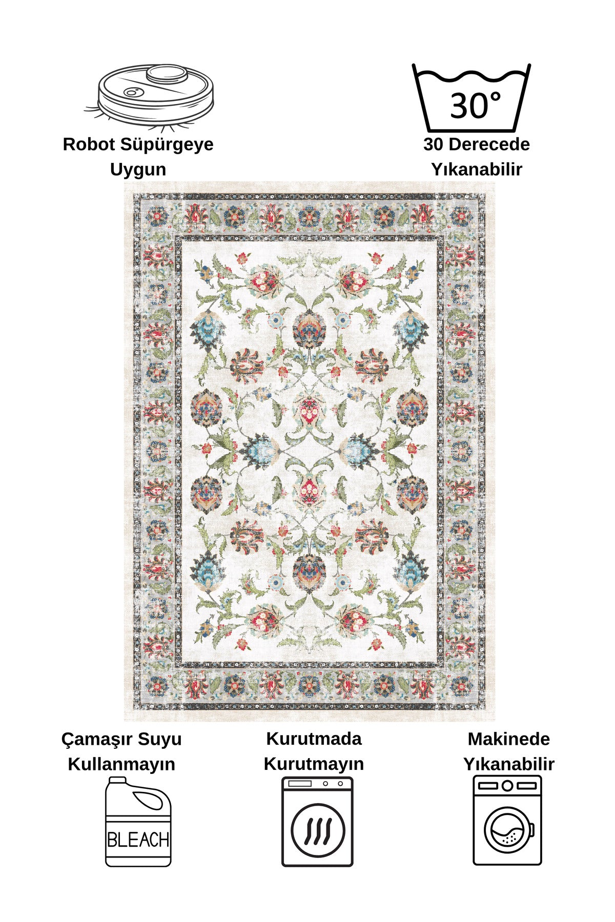 BEIGE-BLUE Traditional Distressed FRINGED Classic Non-Slip Base Rug