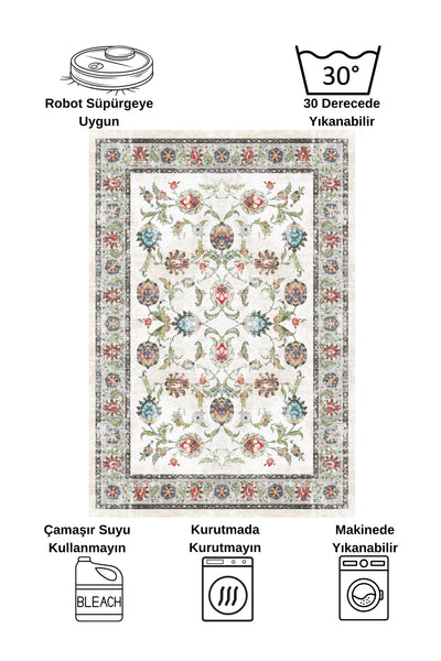 BEIGE-BLUE Traditional Distressed FRINGED Classic Non-Slip Base Rug