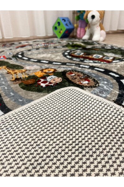 Araba Yollu - Trafik Yollu Desenli Yıkanabilir Çocuk Bebek Halısı