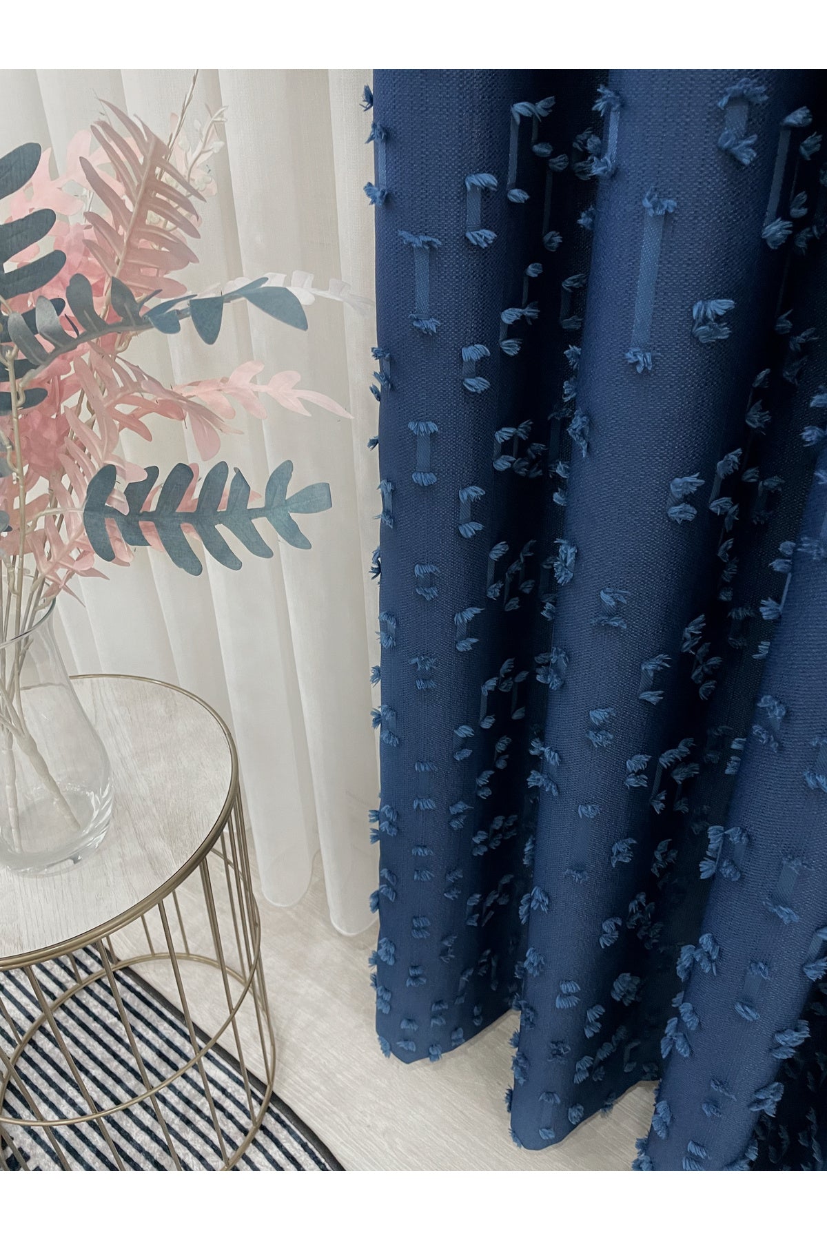 Indigo Blue Pompom Puffy Blackout Curtain 1/3 Dense Pleat