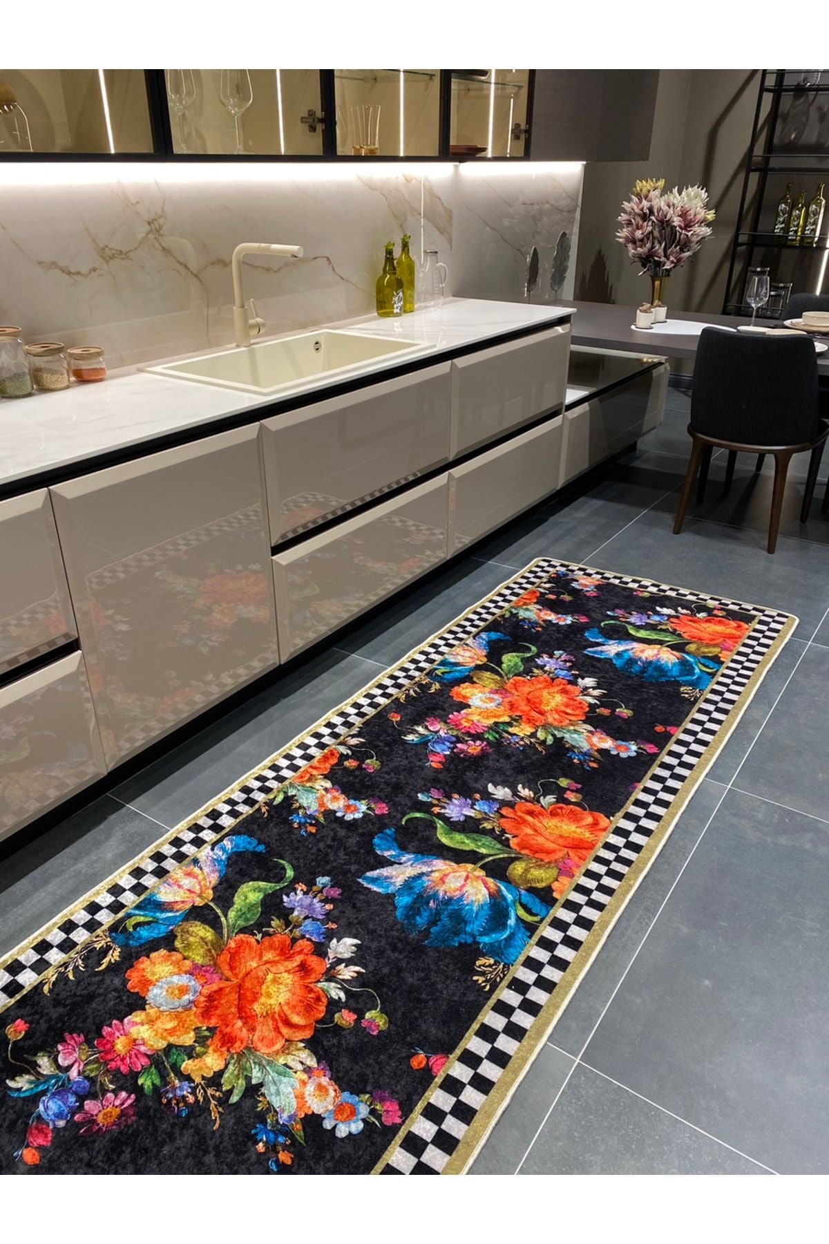 Floral Checkered Latex-Backed Fringe-Free Runner Kitchen Rug