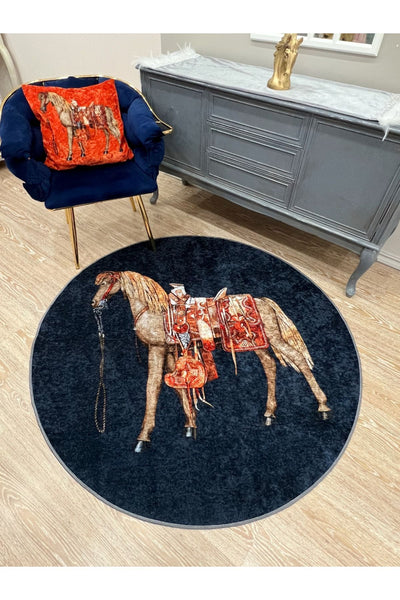 Horse Pattern Latex-Backed Round Rug