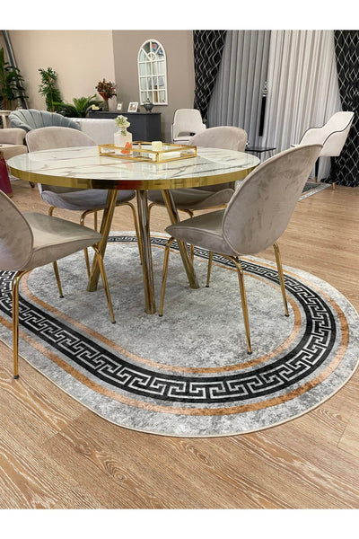 Classic Bordered Striped Oval Latex Leather Base Fringeless Living Room Rug - Gray