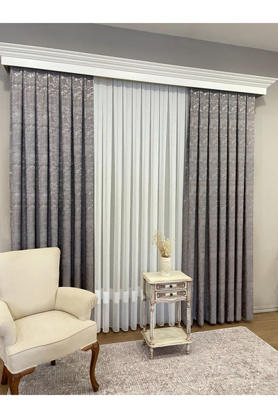 Gray - Mink - Jacquard Self-Patterned 1/3 Pleated Blackout Curtain